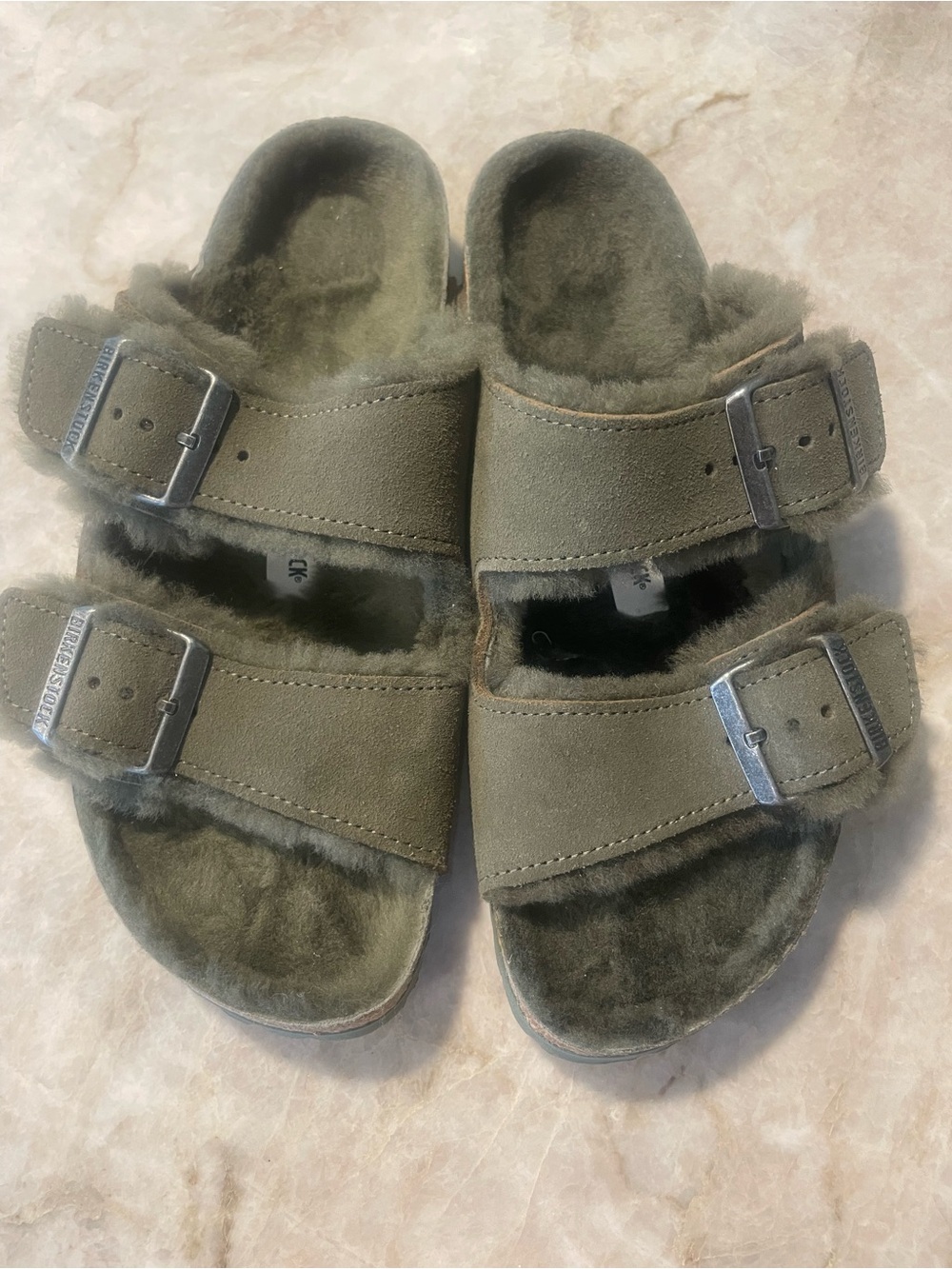 Birkenstock Olive Green Faux Shearling Double-Buckle Mules